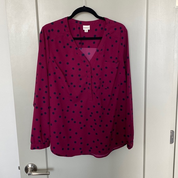 Merona Tops - MERONA Magenta and Navy Polka Dot Long Sleeve Blouse Size XL